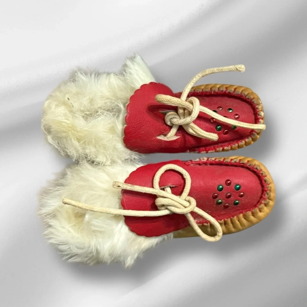Vintage‎ Fur Leather Newborn Moccasin Booties